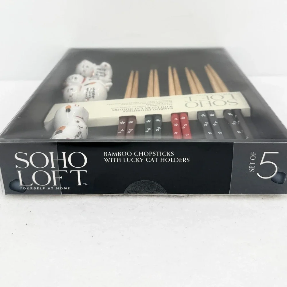 Soho Loft Bamboo Set 5 Pairs Chopsticks & 5 Ceramic Lucky Kittens Cat Holder NEW